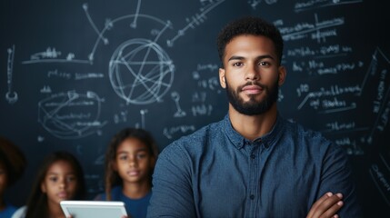 Young Man Standing Confidently in Front of Black Chalkboard Background