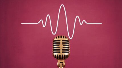 Gold microphone with a sound wave on a pink background. The background is a deep pink hue.