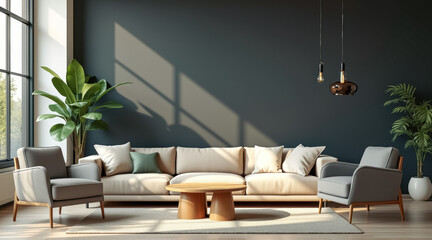 sunlit modern living room features a beige sofa armchairs with wooden legs