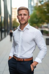 Obraz premium A man in a white shirt and blue pants stands in front of a building. He is wearing a brown belt and a watch