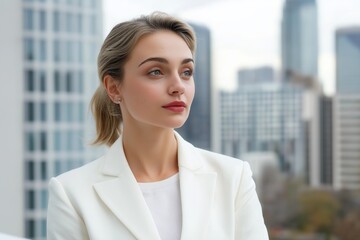 Fototapeta premium A woman in a white suit and white hair with a red lipstick. She is looking at the camera