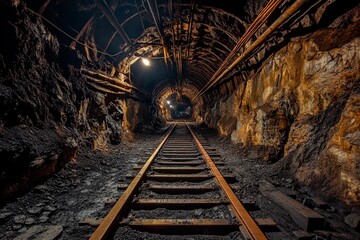 Naklejka premium Journey through an abandoned mine showing old tracks leading into darkness and mystery