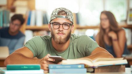 Young Male Student Engaged with Smartphone in Modern Library Space