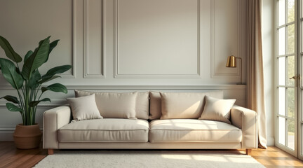 beige sofa a sunlit room with plant lamp