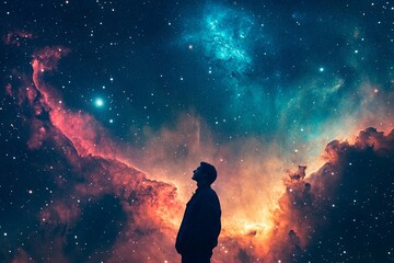 Obraz premium Contemplation under the vast and vibrant cosmic expanse at night