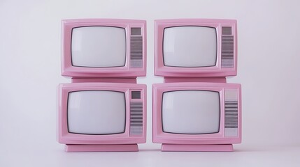Four pink televisions from the 90s stacked mock up white screens white background 8k real photo