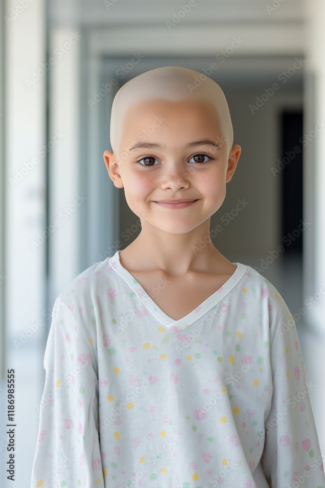 Wall mural A young girl with a shaved head is wearing a white shirt with a floral pattern. She is smiling and looking at the camera