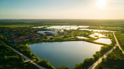 Aerial View of Industrial Complex near Lakes and Houses