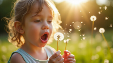 Caucasian young girl blowing dandelions in sunlit field
