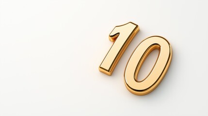 Golden Number Ten Sculpture on White Background for Celebrations
