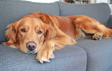A golden retriever dog with a reddish coat lying on a gray-blue fabric sofa in a modern living room The dog's head is resting, and its paws are hanging down from the sofa Generative AI
