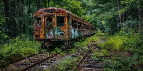 Fototapeta premium An abandoned train car overgrown with greenery, nestled in a forested area along old railway tracks.