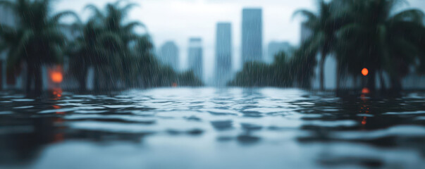 flooded urban street with palm trees and skyscrapers in background