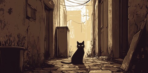 Black Cat Sitting In A Desolate Alleyway