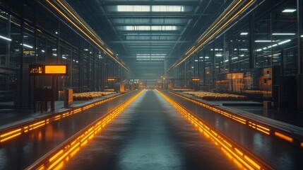 Fototapeta premium Futuristic Factory Conveyor Belt System With Orange Lighting