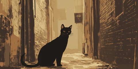 Black Cat Sitting In A Sepia Toned Alleyway
