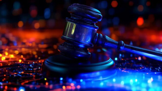 Gavel and Sound of Justice: Legal Court Auction Hammer Animation with Neon Lights and Abstract Background - Law, Justice, Verdict, System