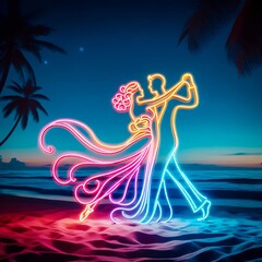 couple ballroom dancing beach palm trees neon lines silhouette sand sea romantic exotic paradise