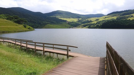 Serene Lakeside Wooden Pathway Tranquil Green Hillscape