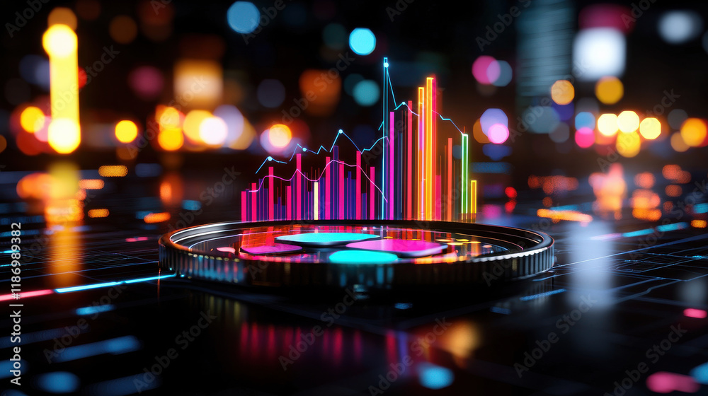 Poster vibrant 3D data dashboard showcasing key performance indicators with colorful graphs and glowing lights, representing data analysis and visualization