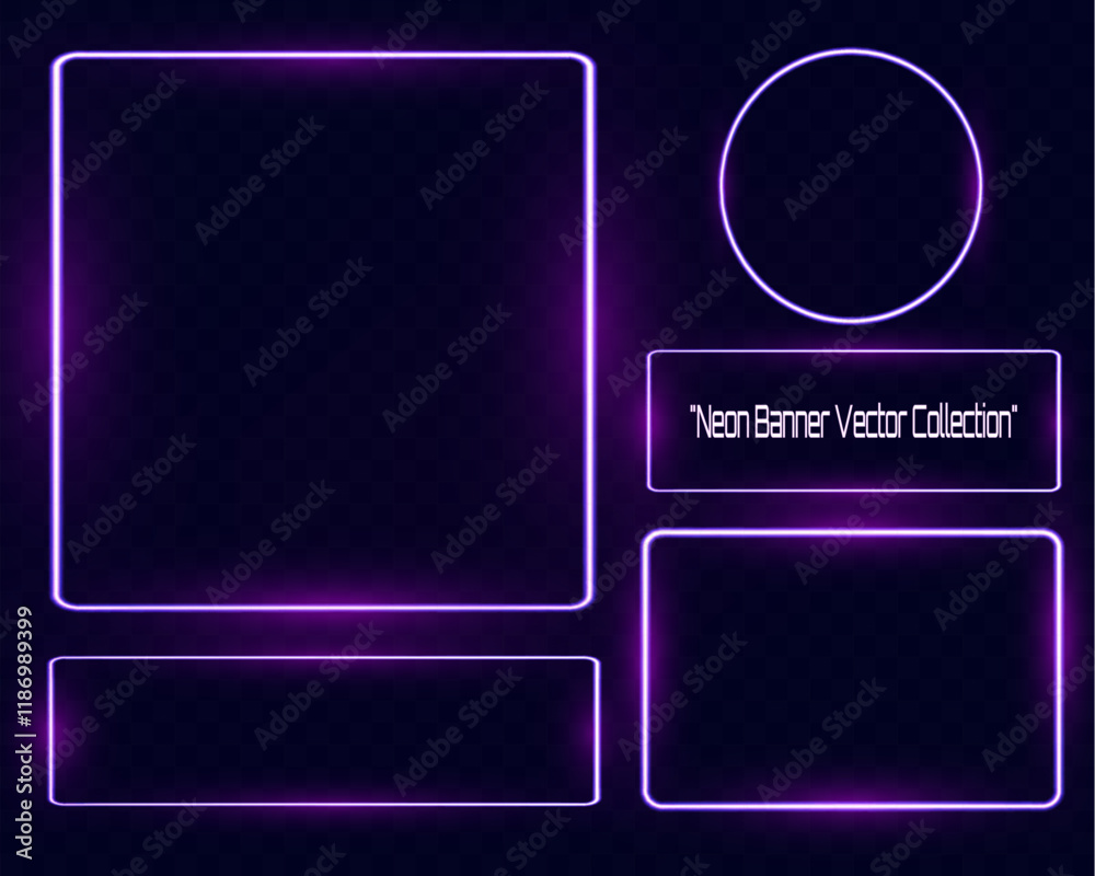 Poster neon banner vector collection featuring glowing purple neon shapes including hexagon, rectangle, tri
