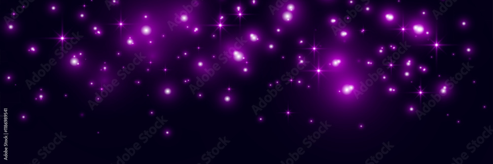 Poster purple glowing light sparks on a dark background, creating an abstract, luminous and atmospheric des