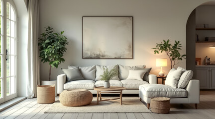 Fototapeta premium serene living room with light grey sectional sofa woven accents