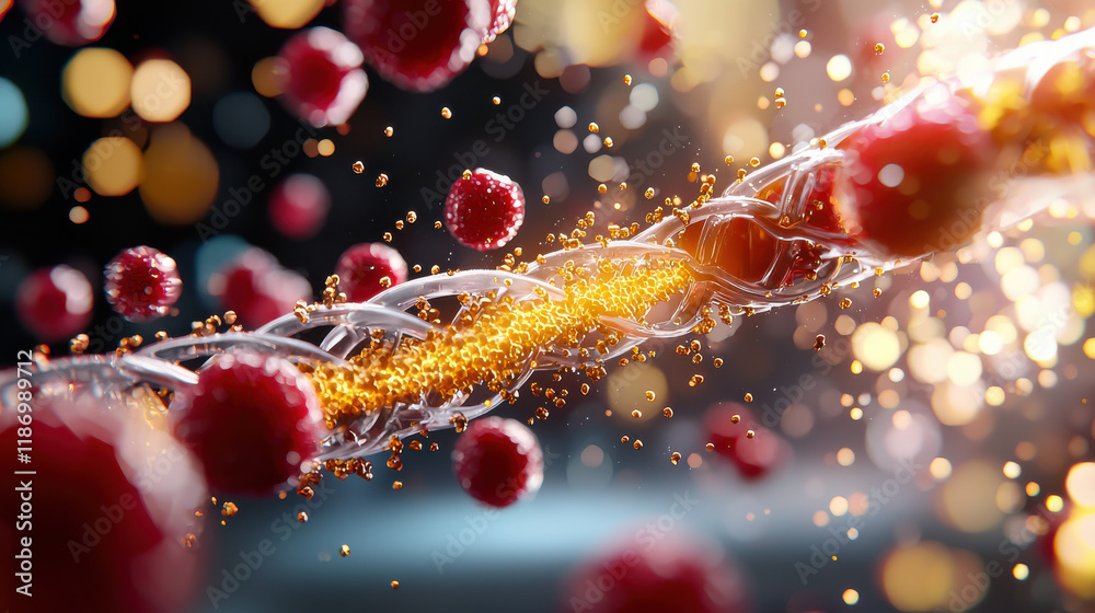Poster 3d illustration of nanostructure interacting with red particles, showcasing intricate details and vi