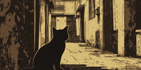 Black Cat Sitting In A Desolate Alleyway