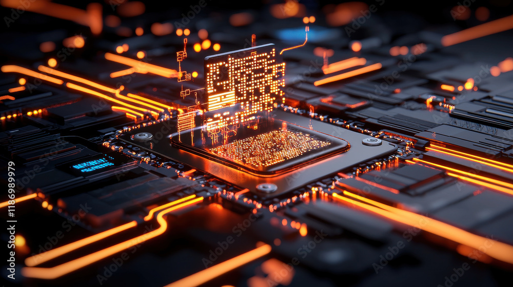 Poster 3D illustration of microprocessor with glowing data streams and interconnected nodes, showcasing advanced technology and digital innovation