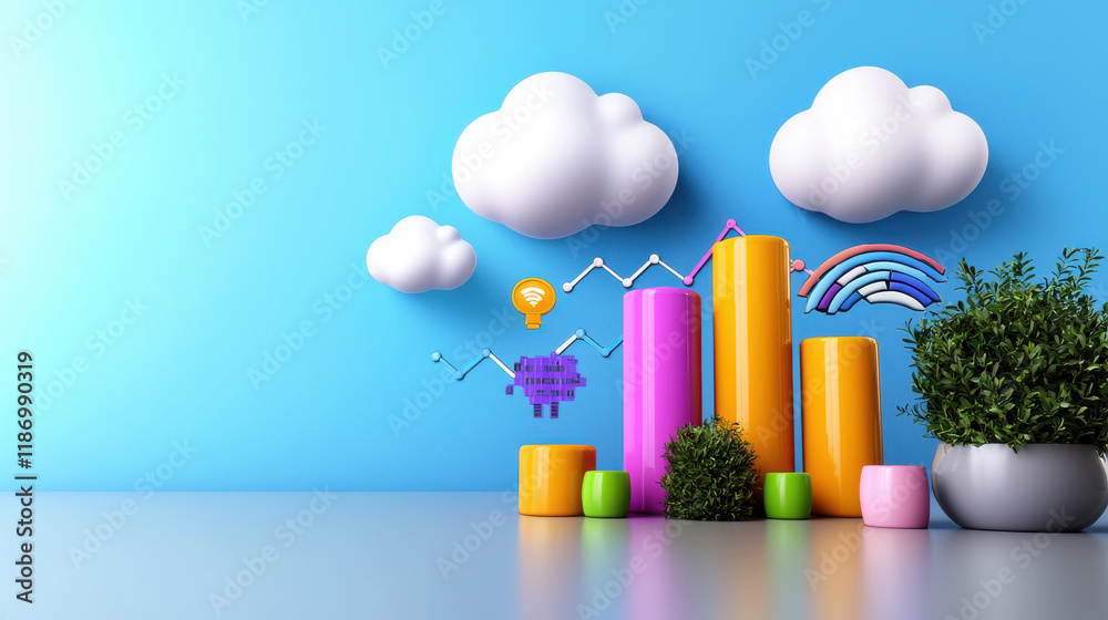 Leinwandbilder colorful 3d infographic depicting data relationships with graphs, clouds, and plants. this vibrant d