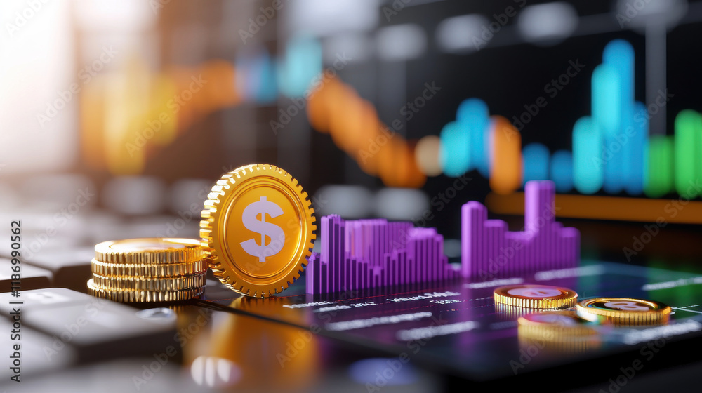 Fototapete Digital currency coins on keyboard with market analysis graphs and charts. This visualization represents financial growth and investment opportunities in digital economy