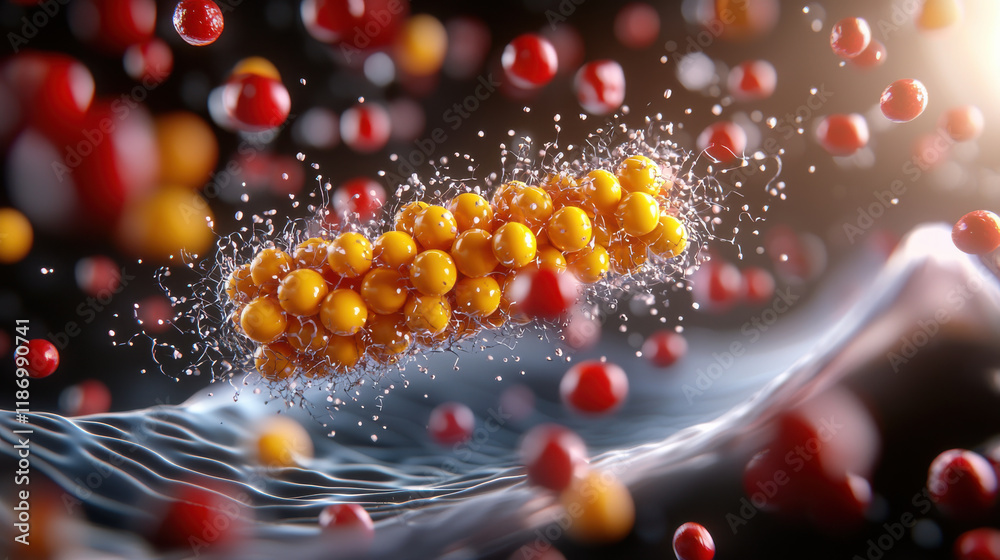 Poster nanotechnology application visualized with vibrant particles and structures, showcasing interaction 