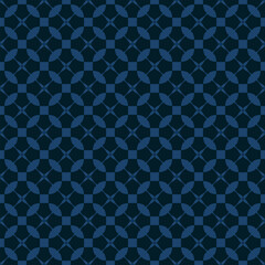 Subtle abstract geometric ornament. Simple vector seamless pattern with flower silhouettes, checkered grid, lattice, crossing lines. Elegant oriental style background. Dark blue texture. Geo design