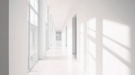 Minimal White Office Corridor with Large Window and Natural Light