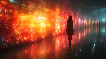 woman stands silhouetted against a wall of vibrant, moving lights
