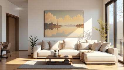 Modern Living Room with Lake Painting