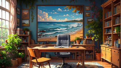 Cozy Home Office with Beach Painting