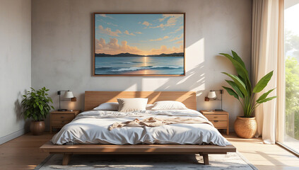 Minimalist Bedroom with Ocean View Painting