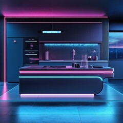 Modern kitchen interior with futuristic design featuring neon lights, sleek cabinetry, and contemporary appliances in vibrant color scheme