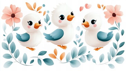 Fototapeta premium Adorable cartoon birds surrounded by delicate flowers and leaves. Perfect for kids' room decor!