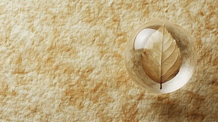 Fototapeta premium Cover leaf gently placed inside a clear ball resting on a textured natural background