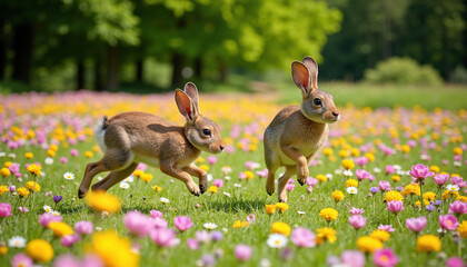 Obraz premium Two hares playing in a colorful flower field
