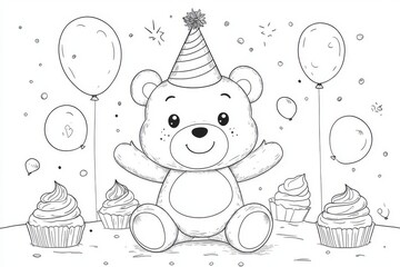Fototapeta premium Cute bear wearing a birthday hat, surrounded by balloons and cupcakes, simple black-and-white coloring page with crisp outlines.