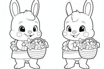 Cute cartoon bunny in an Easter costume holding a basket of eggs, simple black-and-white coloring page with clean lines.