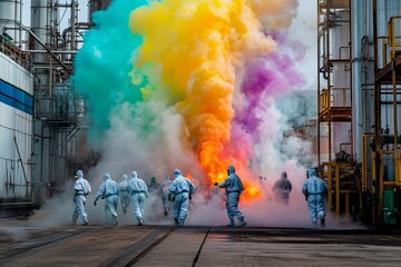 Workers engage in dramatic exercise as colorful smoke fills the industrial area