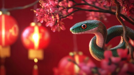 Fototapeta premium green snake, red background, lanterns and flowers, Chinese new year concept