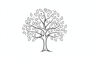 Minimalist Line Art of Tree with Leaves on White Background. Simple, Flat Style Illustration.