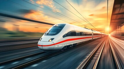 Fototapeta premium High-speed train, white and red color scheme, speeding along the track, sunset sky in the background