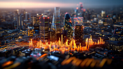 stunning birds eye view of financial district at dusk, showcasing modern skyscrapers and vibrant data visualizations symbolizing economic growth and innovation